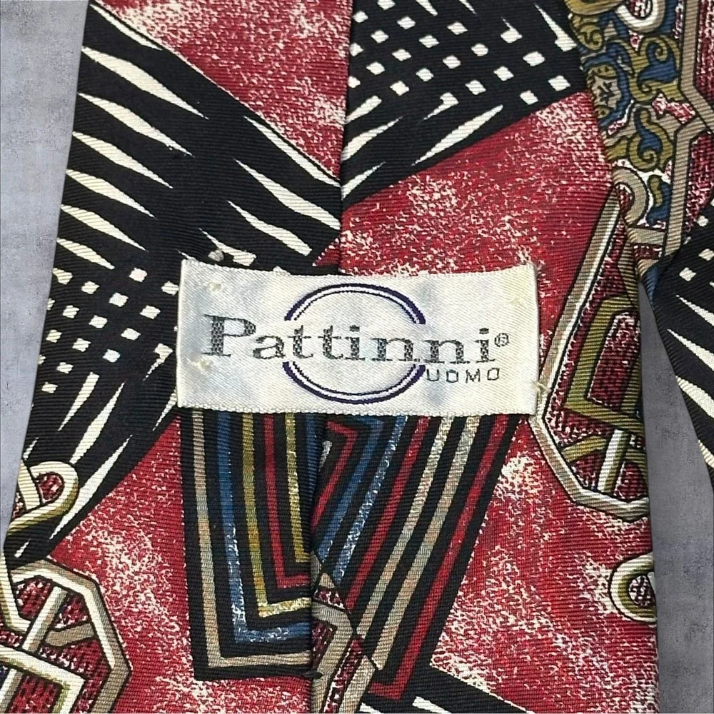 Patinni Union Made Silk Tie Red Black Geometric Pattern‎ Vintage Neckwear USA